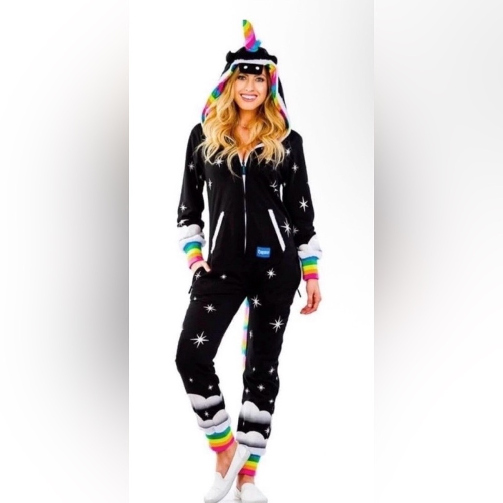Tipsy Elves Black Unicorn Onesie Jumpsuit with Rainbow Cuffs Size Medium